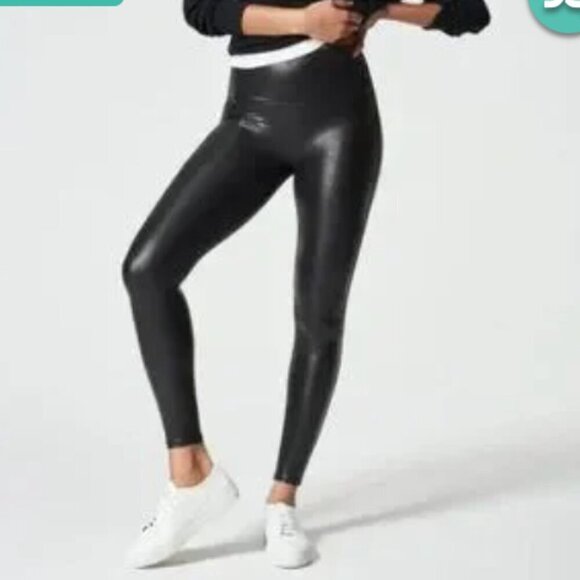 Spanx black faux leather leggings shiny size L Large - Picture 1 of 6